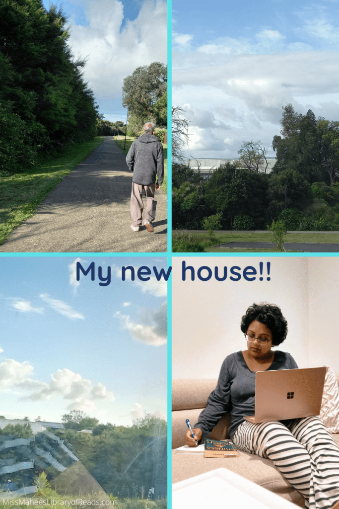 four-grid box. top left image of man walking on walkway with trees on either side and clouds in sky. top right image of trees beside walkway and blue sky and clouds above. bottom left image of view of clouds and trees on glass reflection. bottom right woman in grey top and striped pants with gold laptop and writing on book on brown chair.