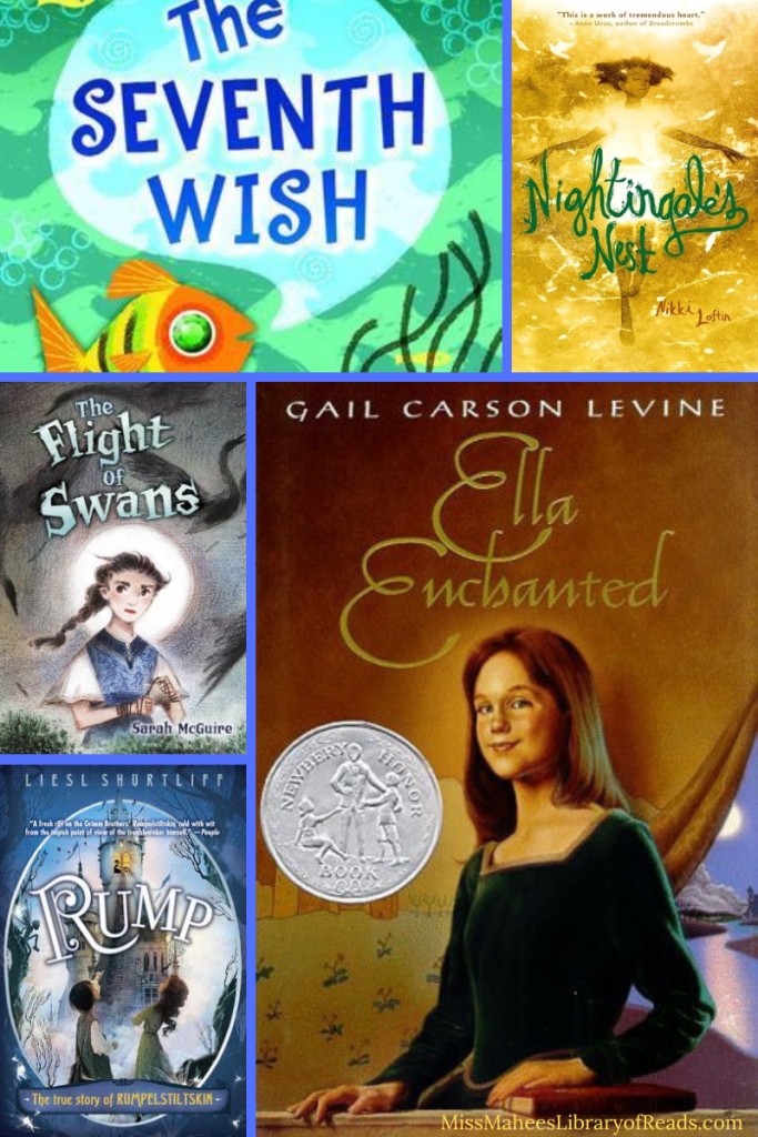 five-grid box. top left image of orange fish in green background with blue bubble above it and blue letters reading The Seventh Wish. top right small image of girl holding out arms bright light in middle. yellow background and green letters reading Nightingale's Nest. large image on bottom right of young girl in green dress. brown background with moon and night sky in bottom right corner. cursive letters above girl reads Ella Enchanted. small images along left edge. bottom left image of two kids looking towards castle. white letters across reads Rump. middle image of young girl in blue dress with white moon behind her. silhouette of swans above and white letters reads The Flight of swans.