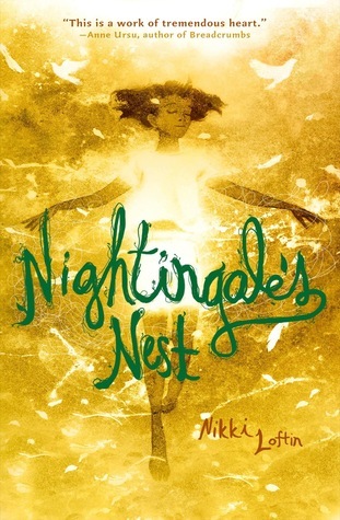cover image of girl in middle with bright light coming from her middle. yellow background with shapes of flying birds around her. green letters in middle reads Nightingale's Nest.