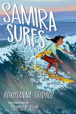 cover image of young girl surfing on yellow board wearing Indian outfit. large white letters at top left reads Samira Surfs.