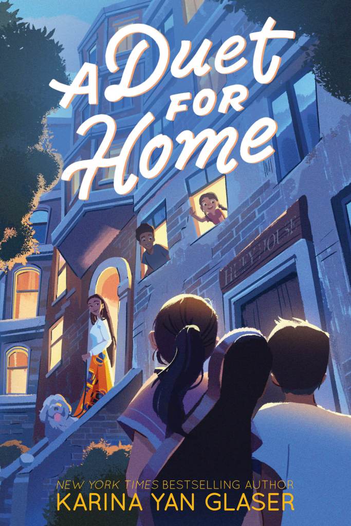 cover image of group of kids looking up with violin case on back up at other kids and lady at door to big house. blue hue to building. large white letters at top reads A duet for home.