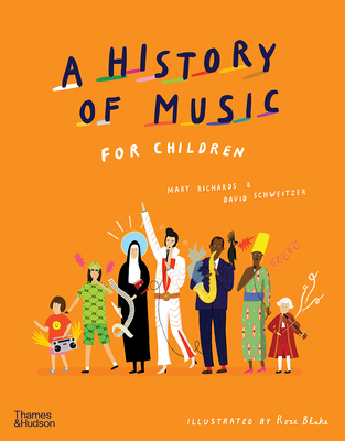 bright orange background with group of musicians and kids on middle. Elvis singer, nun in black long dress, African saxophone player and a few kids. blue letters above them read A history of Music.