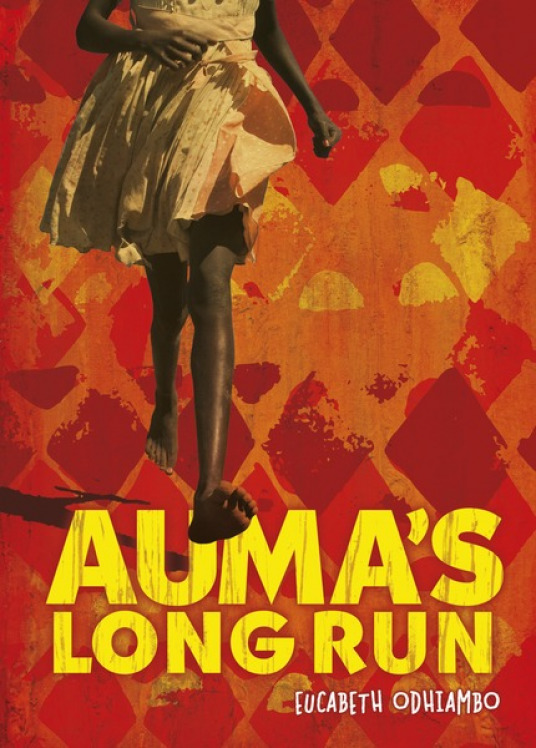 cover image of young African girl in yellow dress running barefoot. background red, yellow and orange. large yellow letters at bottom reads Auma's long run.