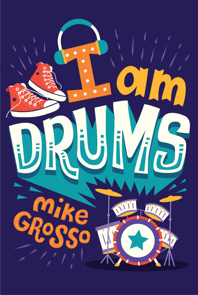 bright image of red sneakers and drum set with large letters in middle reading I am Drums. dark purple background.