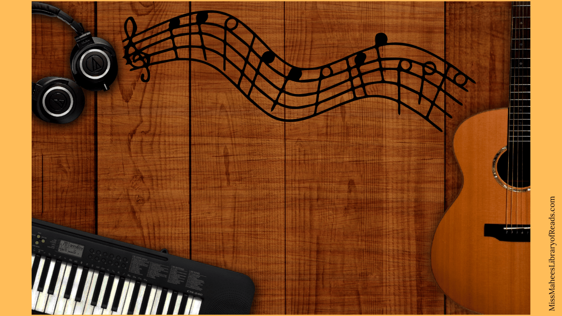 image of half of brown acoustic guitar on right end and portion of digital piano and black headphones on top left corner. background behind them is of wooden floorboards and musical stave and notes in black. along edges orange borders.