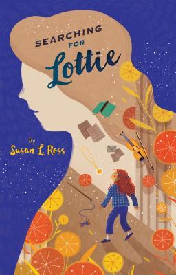 cover image of girl in profile with image of small girl with red hair and blue jeans and jacket. flowers, violin, books and papers around her. blue background. Searching for Lottie at top of hair.