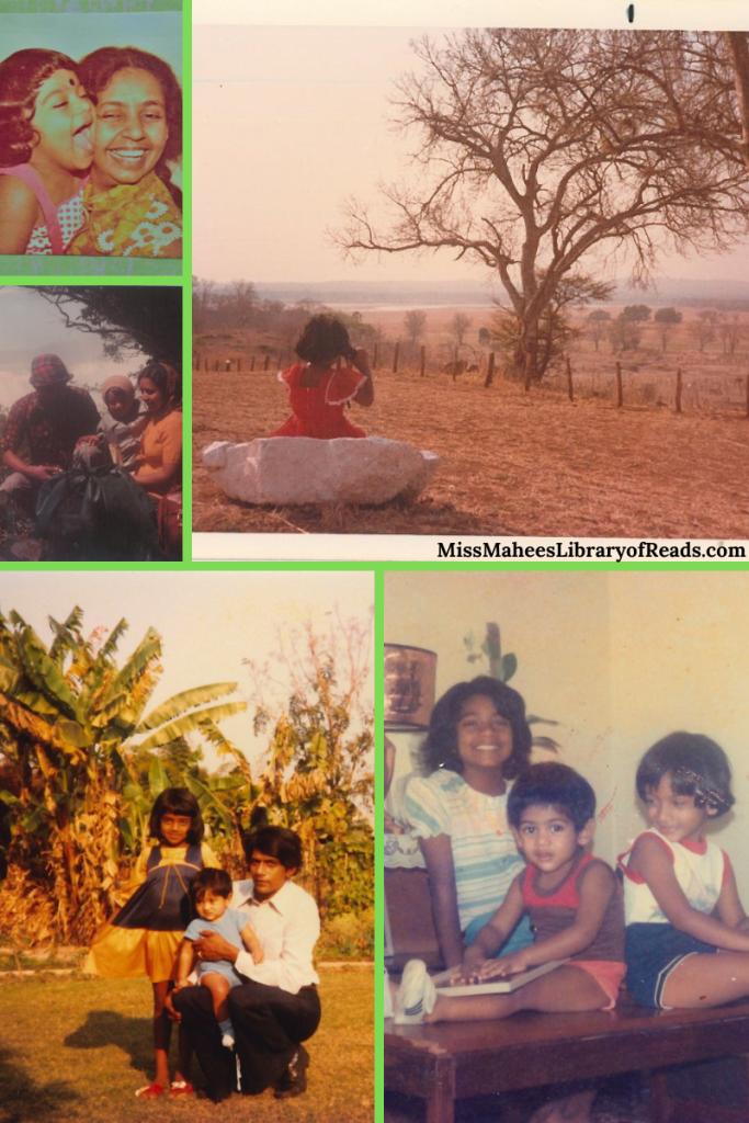 five-grid box with images. top right image of small girl in red dress seated on white stone looking at trees ahead. bottom right image of three kids on small table smiling. bottom left image of man with baby and small girl in blue dress. left middle image of family outside. top left image of small girl and mom laughing.