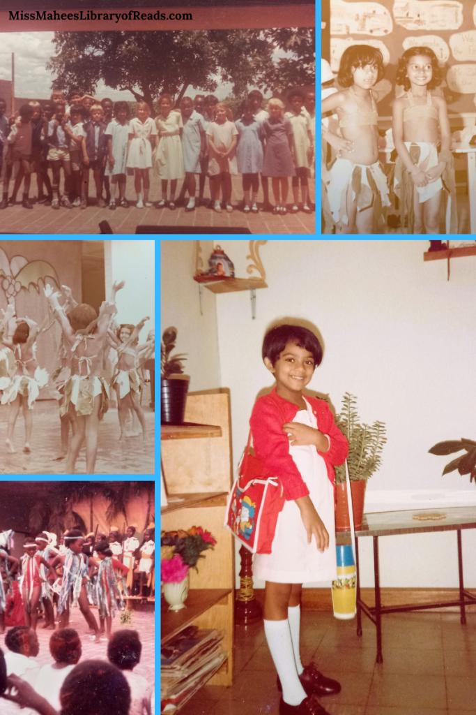five-grid box. bottom right large box of girl in red jumper and cream dress with red school bag and yellow bottle smiling. bottom left kids dancing. left middle image of kids dancing with arms up. top left image of class photo with kids lined up outside. top right image of two girls smiling dressed in tank tops and leafy skirt.