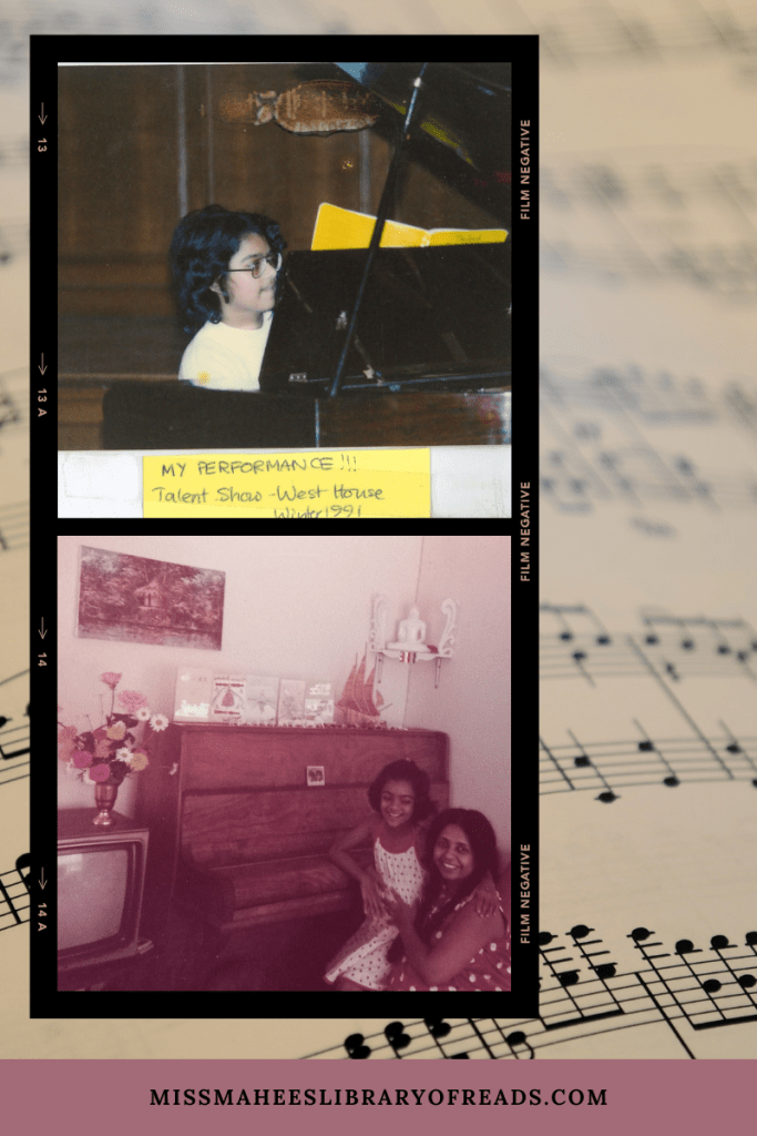 two images of young girl playing black grand piano in top and sitting near upright brown piano with woman in red dress in bottom. black frame around them. background is image of music sheet.