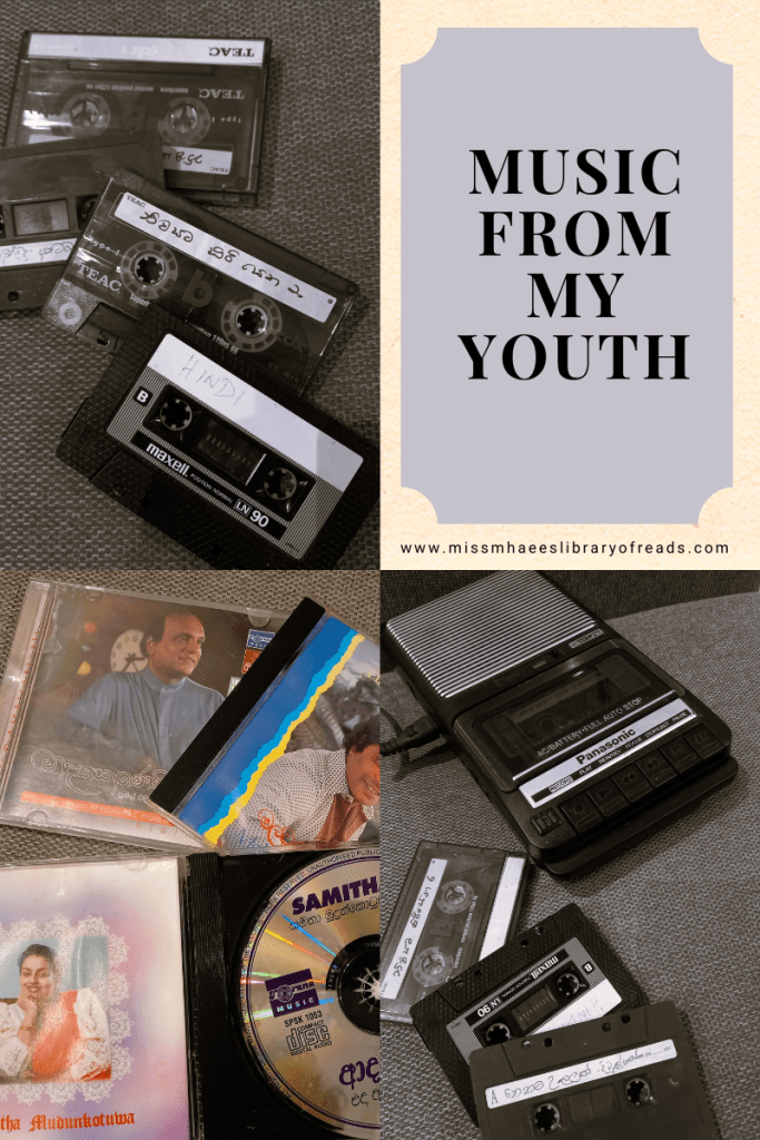 four-grid box. top right cream coloured background with grey frame and black letters inside reading Music from my youth. bottom right image of casette tapes and tape recorder. image is black and white. bottom left image of collection of CD's and covers. top left image of casette tapes in black and white.