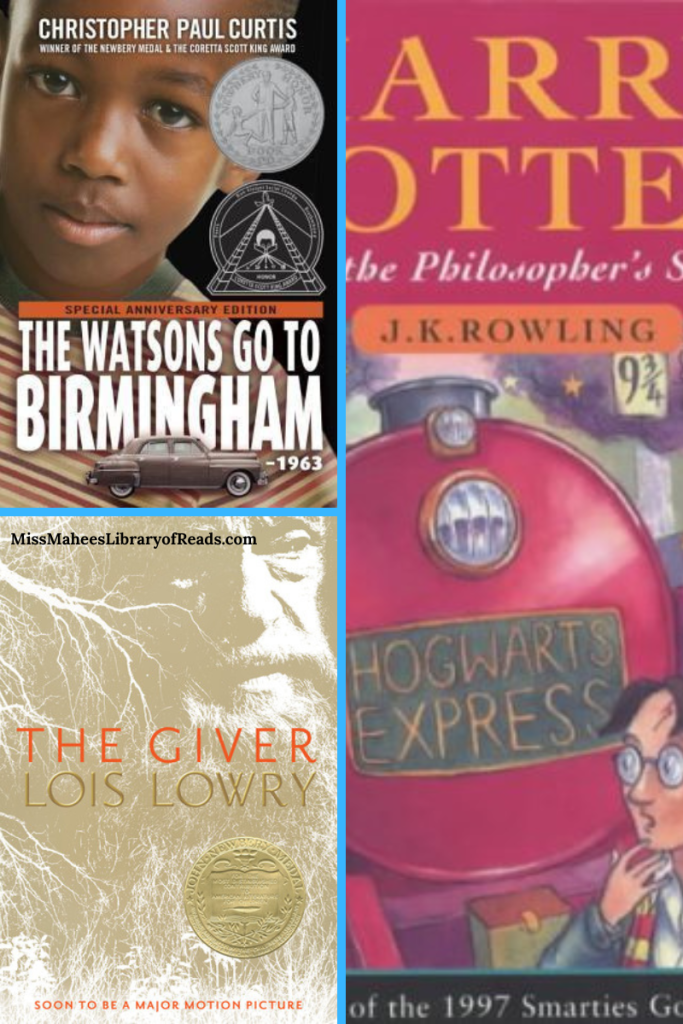 three-grid box. top left image has African American boy in striped t-shirt and grey car underneath large white letters The Watsons go to Birmingham. two grey seals along right edge. large image on right of Harry Potter book the Philospher's Stone with Harry in front of red train. bottom left image of old man in brown and grey and white with red letters The Giver across middle.