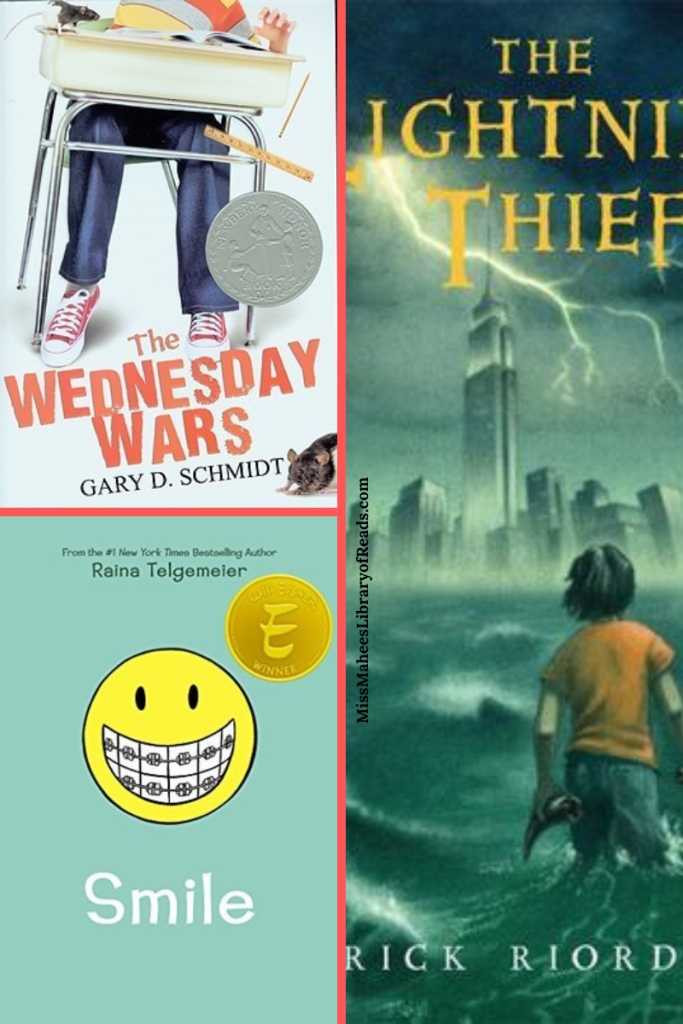three-grid box. top left image of boy sitting at school desk with jeans and red shoes. white background. small mouse in bottom right corner. The Wednesday Wars in red at bottom. grey seal in middle. right image of boy in jeans and orange t-shirt looking at Empire State Building and New York city skyline with lightning striling above. orange letters The ..ightni..Thie. bottom rleft image of yellow smiley face with braces across teeth. green background. white letters Smile at bottom. golden seal with E on it at top right corner.