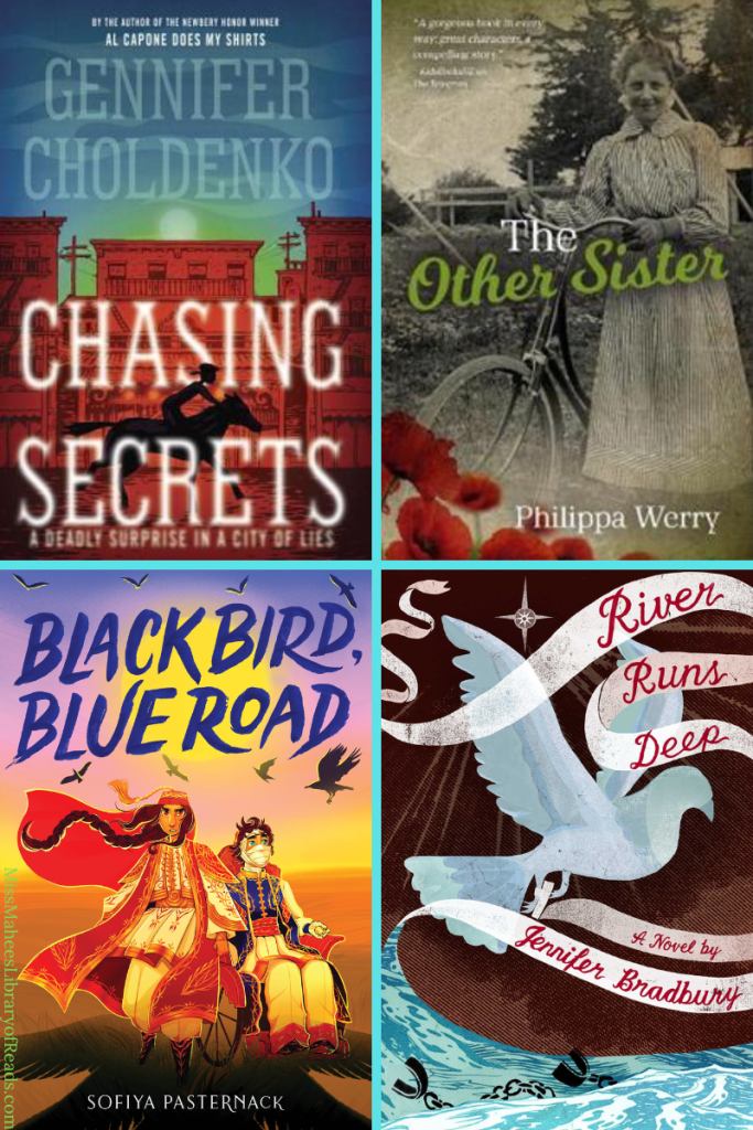 four grid box. top right image of black and white image of girl in old-fashioned dress with bicycle. white and green letters The Other Sister across middle. bottom right image of white dove flying above blue waves and white ribbons above. red letters on them reads River Runs Deep. bottom left image of girl with long hair and red cape and boy in wheelchair and bandages in desert. bright sun above them in blue sky and dark birds flying around blue letters. Black Bird, Blue Road above them. top left image of silhouette of rider on horse in front of buildings in red and green/blue sky above. large white letters at bottom reads Chasing Secrets.