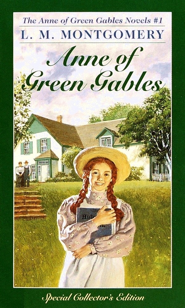 image of girl in red hair with white dress holding book and straw hat. behind her old house with trees beside and man and woman in front of house. cloudy sky and green letters across reading Anne of Green Gables.