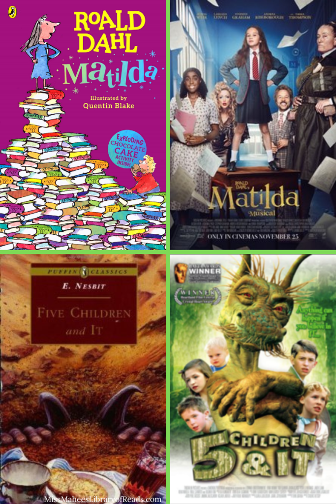 four-grid box. top left image of cartoon style girl in blue dress standing on top of pile of books with dark pink background. yellow and blue letters on side reads Roald Dahl Matilda. top right photo of girl in school uniform standing on small table and people standing beside her. paper flying around them. yellow letters below her reads Matilda. bottom left image of strange horns and fingers under brown sand with biscuits and shells in front. brown box with light lettering reading Five children and it at top. bottom right image of strange green creature in middle and group of children behind it. green trees in background. letters underneath reads 5 children & it.