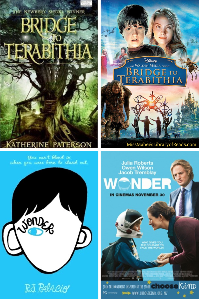 four-grid box. top left image of big tree and small shack under it. large yellow letters across tree branches reads Bridge to Terabithia. top right image of kids, boy and girl at top with magical characters below. sky in between pink and blue. orange letters in middle blue shape reads Bridge to Terabithia. bottom left image of face of boy with black hair and small blue eye and word Wonder in black as eyebrow. bottom right image of small boy in astronaut helmet with woman and man looking at him. blue background. white letters above reads Wonder.