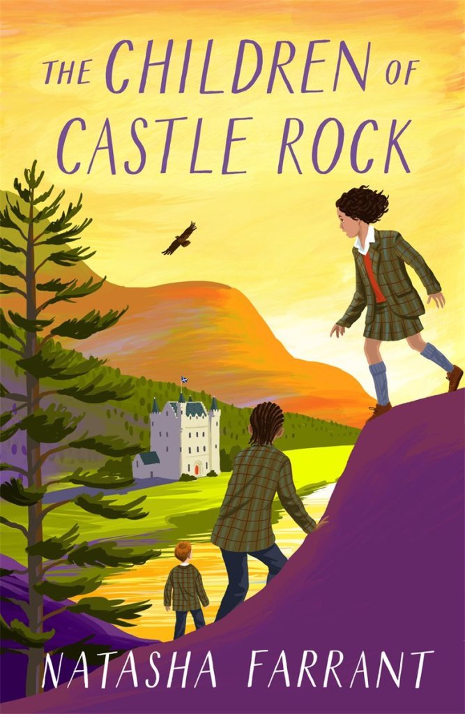 cover image of girl and two boys climbing up hill and looking out across water to white building beneath other green and orange hills. large conifer tree on left of kids. bird in yellow sky. purple letters in sky reads The Children of Castle Rock and white letters below reads Natasha Farrant.