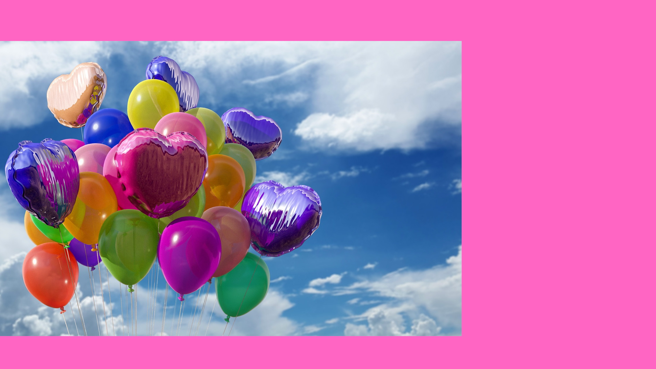 banner in bright pink with image of cluster of balloons in blue sky and white clouds along left side.