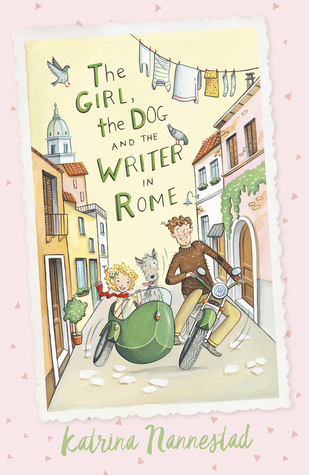 cover image of man and girl with dog in motorbike with side car. they are in middle of cobbled street with buildings on either side. green letters above them reads The girl, the dog and the writer in Rome. pink dotted background behind it.
