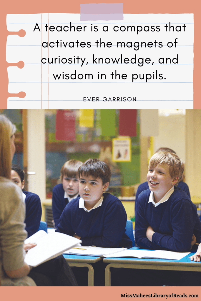 image of students inside classroom looking at teacher in brown outfit. students in blue uniform. orange-pink background. graphic of lined paper behind image with quote above image. quote reads 'A teacher is a compass that activates the magnets of curiosity, knowledge, and wisdom in the pupils. Ever Garrison.'
