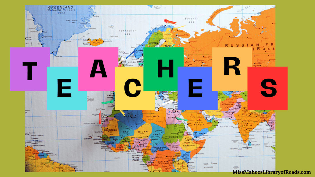 colour world map across most of lime green background in banner. multi-coloured boxes in middle have letters inside which spell TEACHERS.