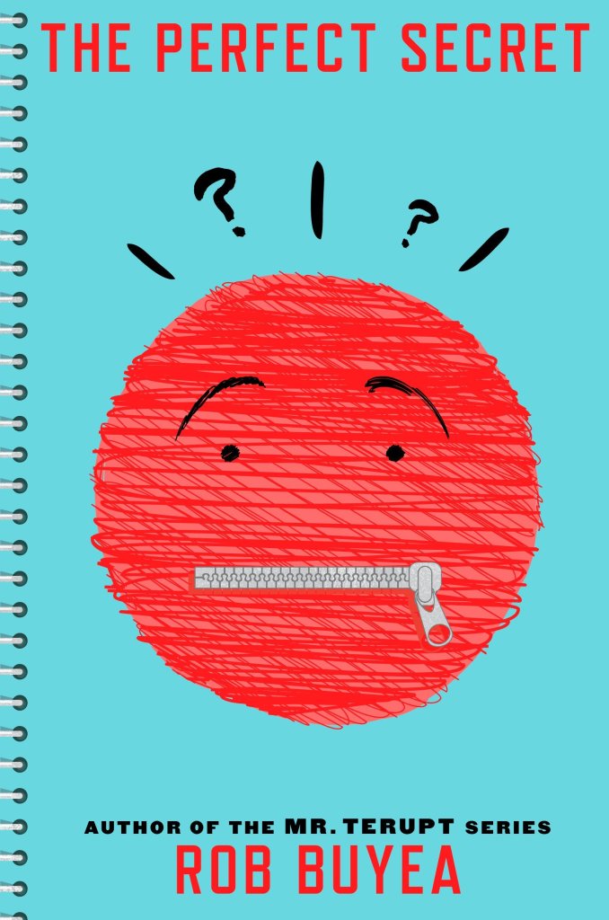 cover image looks like blue cover of notebook with red face in centre. face has zipper for mouth. red letters at top reads The Perfect secret.