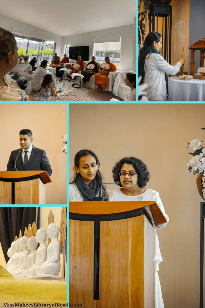 five box grid. top right small image of woman in white lighting incense. bottom right image of two women reading at wooden podium. bottom left image of white Buddha statues on yellow cloth. left middle image of man in dark suit at podium. top left image of monks in red and orange robes on chairs with people seated on floor inside big room.