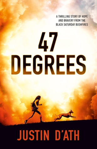 cover image of girl and dog running along sloped ground. large orange yellow glowing clouds behind the, dark letters in cloud reads '47 degrees.'