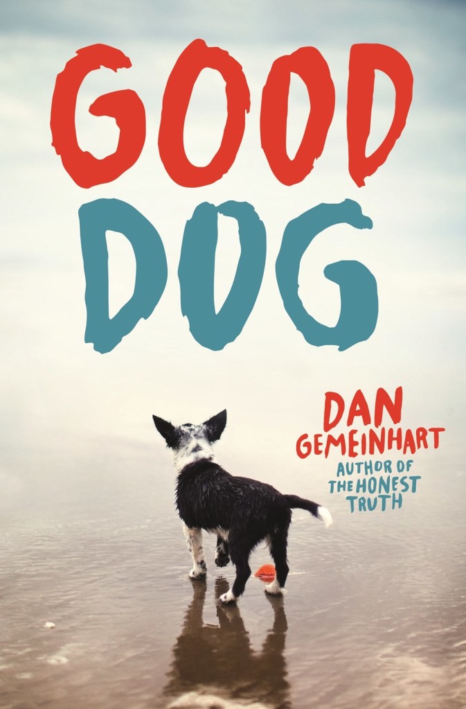 cover image of black and white dog on beach. faded background of sky. red and blue letters at top reads Good Dog.