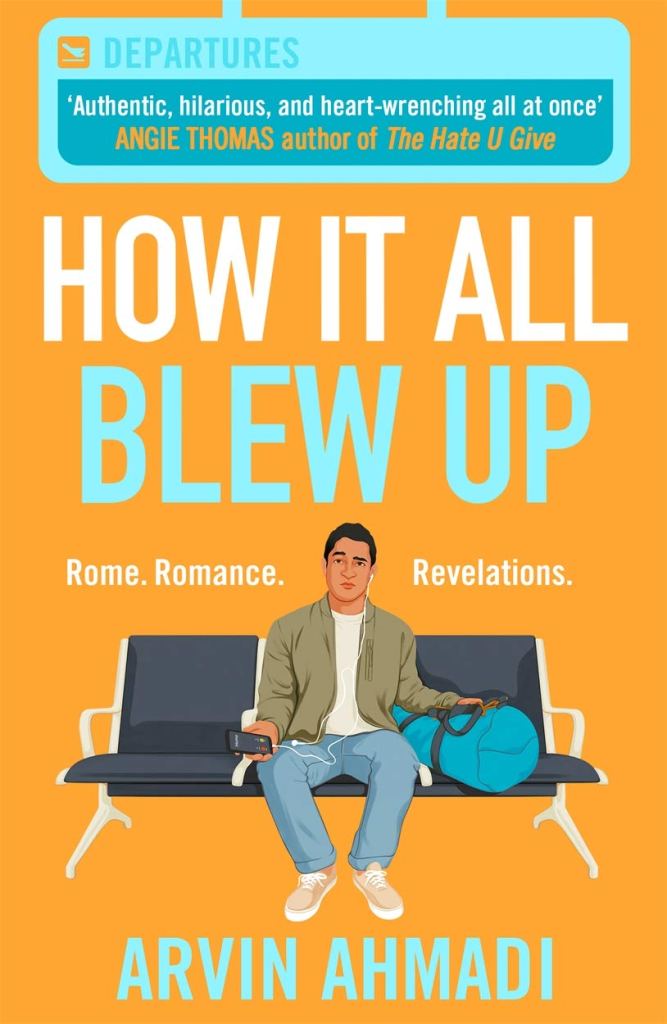 cover image of boy in jeans and green jacket sitting on airport lounge chair with blue duffel bag. orange background. blue Departures board at top with recommendations. white and blue letters above boy reads How it all blew up.