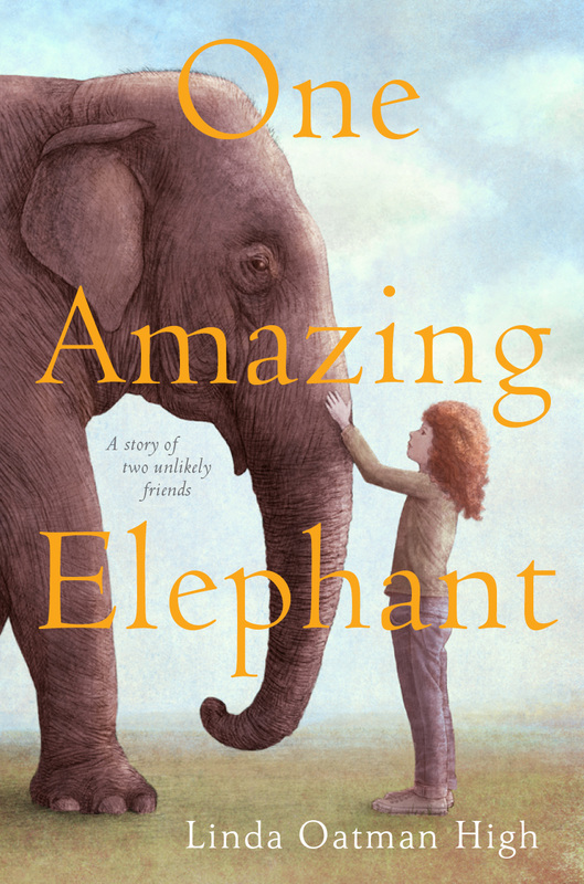 cover image of elephant and small girl with red hair. blue sky and wisps of clouds behind them. orange letters across image reads 'One amazing elephant.'