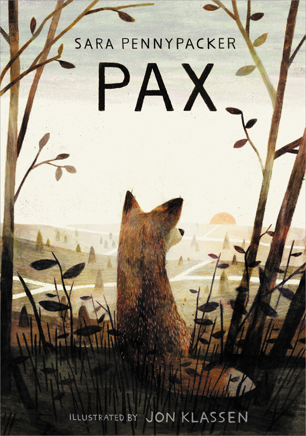 cover image has small brown fox looking towards horizon of setting sun. small trees and grass beside animal. black letter above it reads Pax.