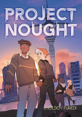 cover image of two boys and two others running towards city. skyscrapers and tower in distance. light blue sky with pink-orange clouds with bright shine behind main boy who looks Indian. blue-white letters at top reads 'Project Nought.'
