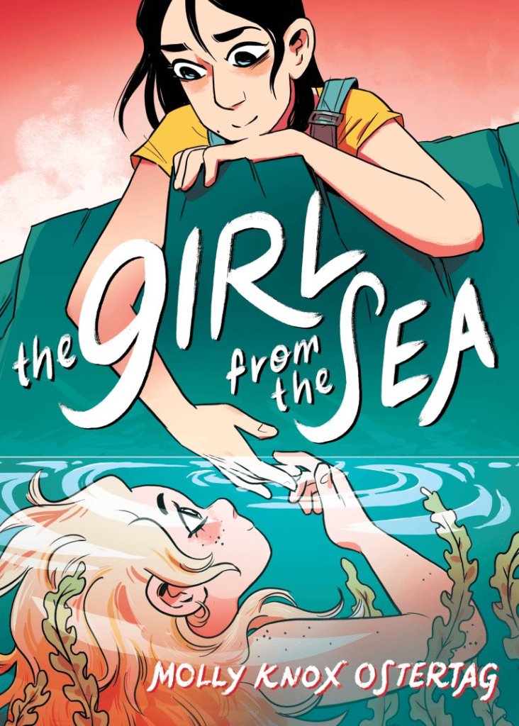 cover image of girl looking down to face of another girl under water holding hands. pink sky behind and land is green. white letters in middle reads 'The Girl from the sea.'