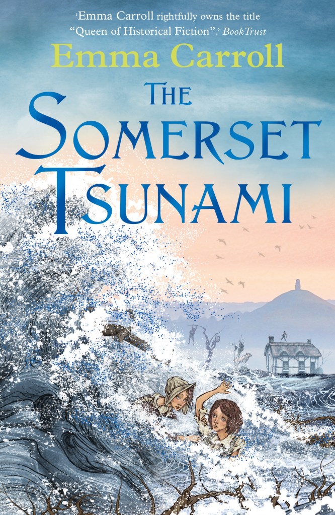 image of large wave of water crashing. two young people in it's path, one in bonnet. small house in background small hill behind it. blue and light orange sky. large blue letters in top half reads 'The Somerset Tsunami.'