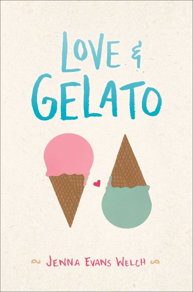 cover image has two ice creams. pink scoop at top and other one green scoop pointing towards bottom. cream pink background. blue letters above reads Love & Gelato.