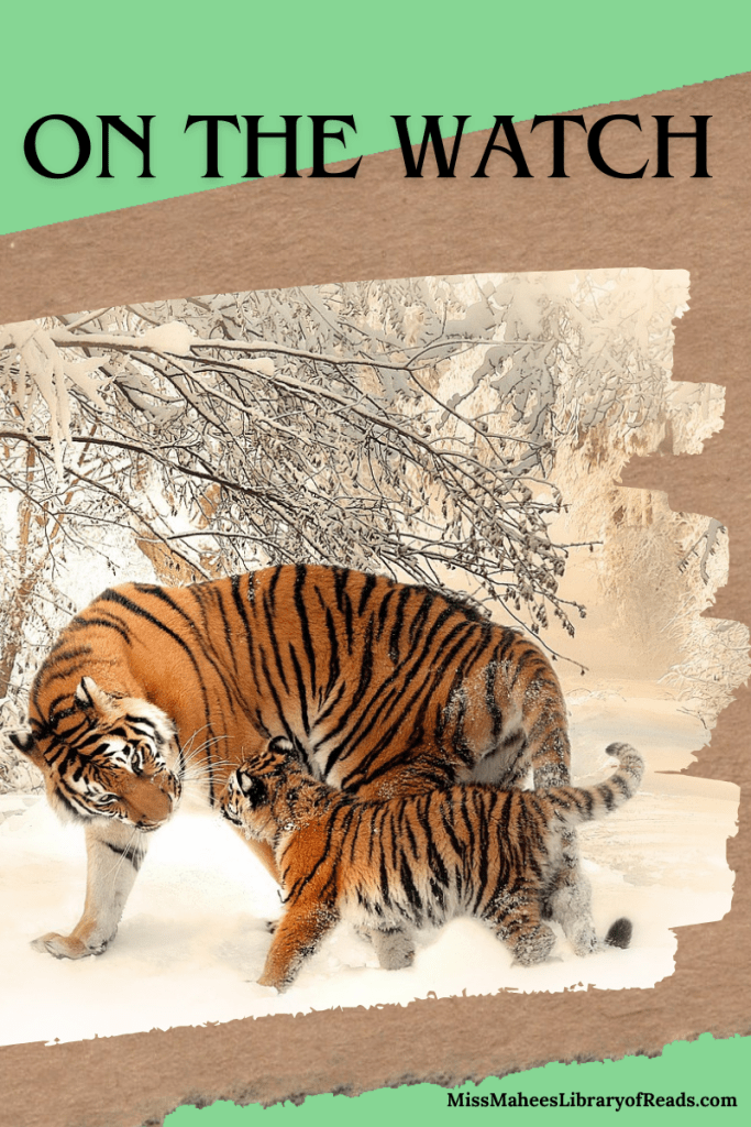 image of two tigers on snow in wintry landscape. large one looking down at small cub. brown background behind image and green backing . large black letters at top reads 'On the watch'