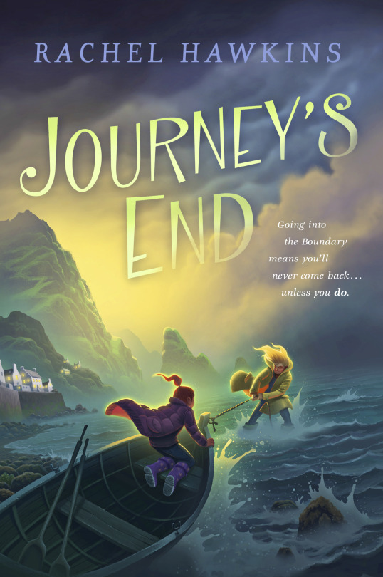 cover image has setting of tall cliffs, small coastal town and two kids pulling wooden boat into choppy sea. sky above has large clouds looking like fog with dusty yellow hue to them. large yellow letters read Journey's End and purple letters above this reads Rachel Hawkins.