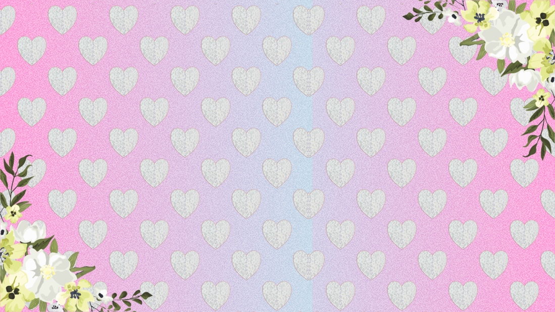 pink and blue graded background with silver heart pattern across. flowery garland image at bottom left and top right edges.