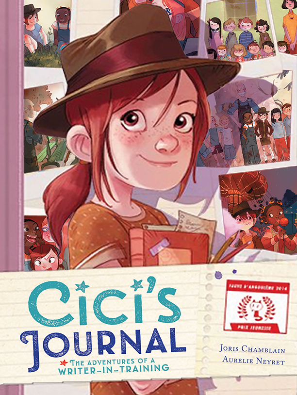 cover image of young girl with bright red hair holding books with brown hat on head smiling. behindher on wall is photos of people and places. in bottom of image banner or sorts has large blue-green letters reading Cici's Journal.