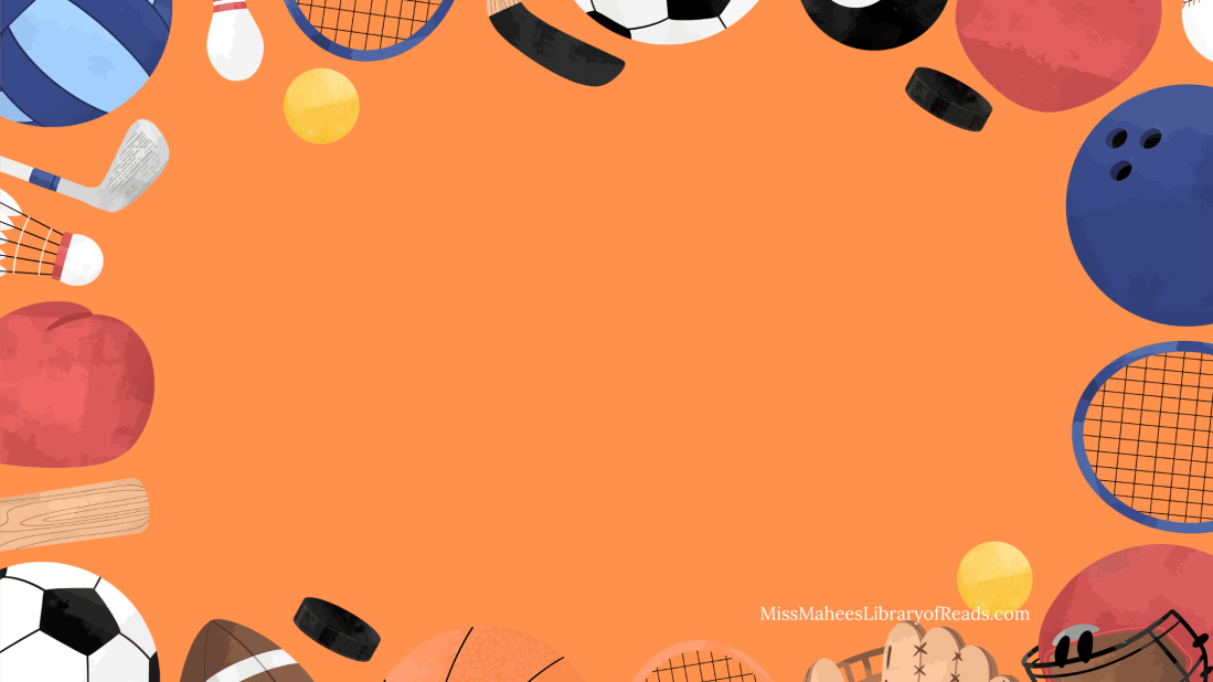 bright orange background with images of sports related paraphernalia around borders. blue balls, racket tops, black pucks, brown rugby balls, baseball mitts, tennis balls, golf clubs, boxing gloves and helmets.