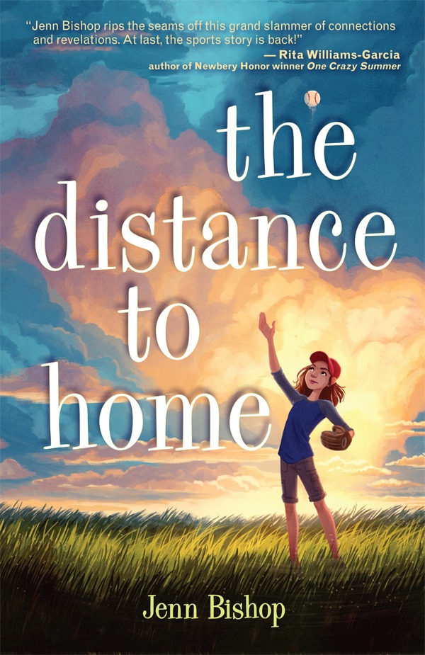cover image has girl in red cap, blue shirt, brown shorts with baseball glove in left hand and throwing up ball in right hand. she's standing on short grass with large white-orange clouds in sky that's darkening. large white letters above her reads The distance to home.