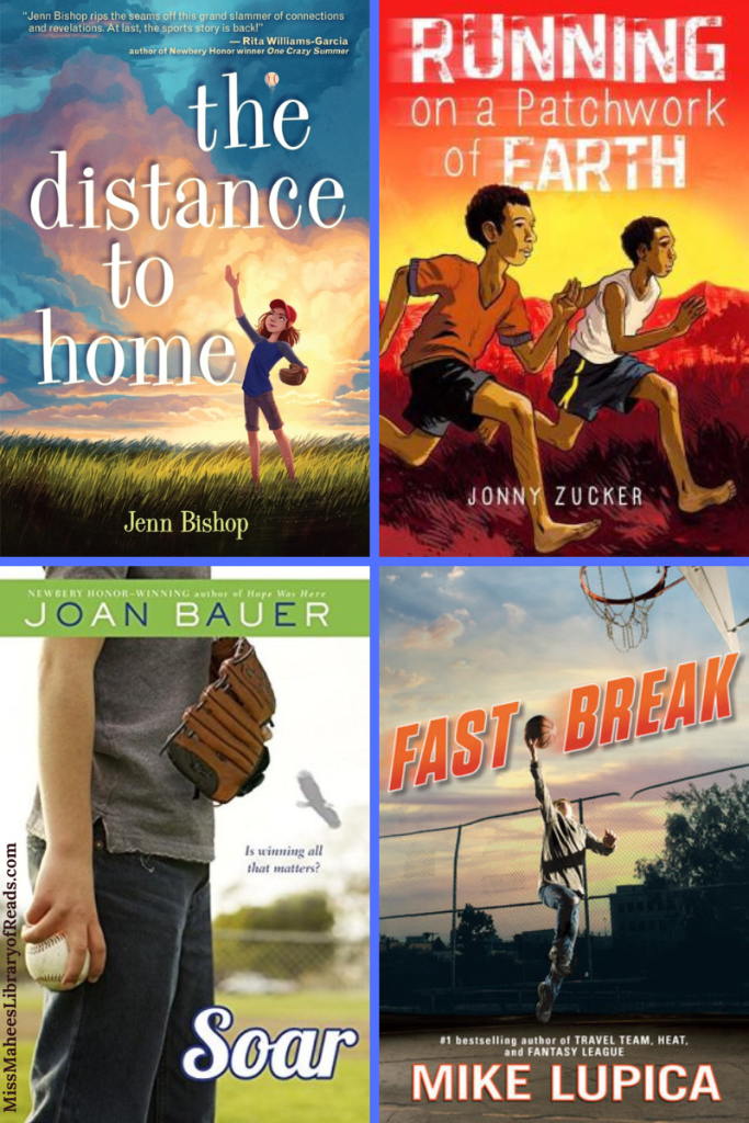 four-box grid with book covers inside them. top left girl with baseball mitt standing on grass with blue sky and orange clouds behind her. white letters above her reads The distance to home. top right image of two African boys running together with red hills behind them and orange yellow sky above. white letters at top reads Running on a patchwork of earth. bottom right image of boy jumping up to basketball hoop with ball on his right hand. blue and grey clouds and sky above him with dark coloured trees and building. red-orange letters reads Fast Break. bottom left image of child holding baseball in right hand and baseball glove on other hand with grey shirt and black pants, only torso shows. white background and green field behind. white letters in bottom right corner of image reads Soar.
