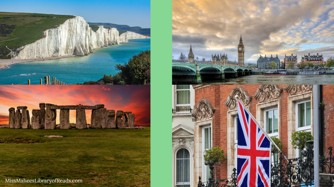 four large images of landscapes from England. top left image of white cliffs of Dover with bright blue sea and sky above and below cliffs. bottom left image of Stoenhenge, large stone structures on grass with evening sky filled with red and blues. top right image is panoramic view of central London with parliament buildings, Big Ben clocktower and oldish buildings along Thames river. bottom right image of old house front with bright blue, red and white Union Jack flag leaning out from window. green stripe of background in middle.