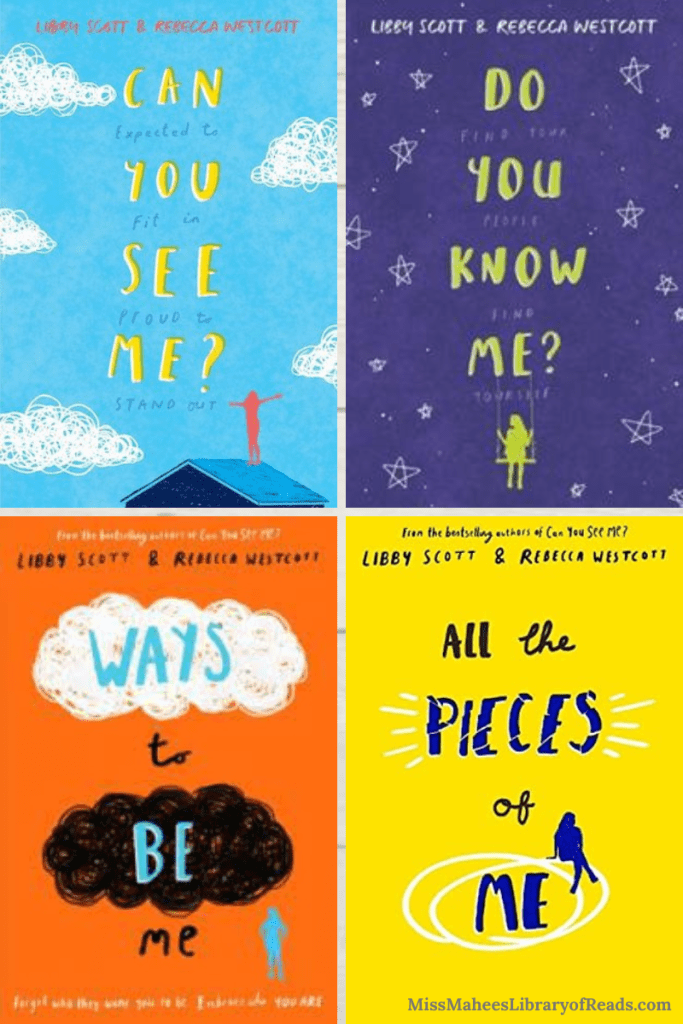 four-grid box. top left cover image of bright blue sky and puffy white clouds on edges. blue roof along bottom right and girl in orange standing on top of roof with arms out. large yellow letters in middle reads Can you see me?. top right dark purple background with hand-drawn stars around large green letters in middle. they read Do you know me? and image of girl sitting in swing in green hanging from Me. bottom left image of bright orange background and two big clouds in white and black in middle. blue and black letters across clouds reads Ways to be me. small blue girl standing at bottom right edge of image. bottom right image of bright yellow background. dark blue letter in middle reads All the pieces of me. girl in blue sitting on circular patterns around word Me.