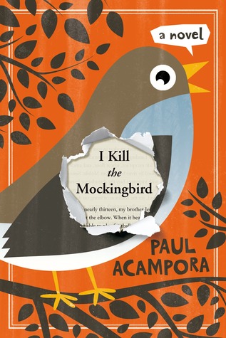 image of colourful bird sitting on tree branch. bird has light brown colured head, blue/white underneath with dark-coloured wing and orange beak. black and white eye. tree branches in dark brown with leaves around them and dark orange background. wing has torn paper with black words underneath reading 'I Kill the Mockingbird.'