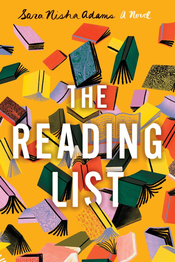 cover image has an assorted collection of books around the title in white letters. title is The Reading List. background is orange.