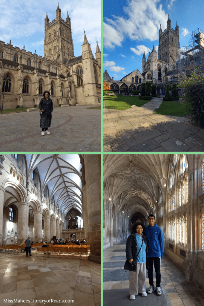 Four grid frame. top left of girl in long dress in front of cathedral outside. top right of garden and tower behind it. bottom right image has boy with aunt inside corridor with ornate vaulted ceiling. bottom left of inside of cathedral with large columns and people inside.