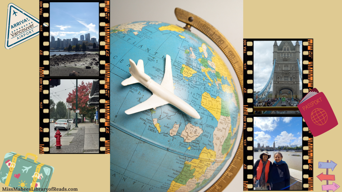 image of globe with white plane in middle. images on both sides in shape of old-fashioned filmstrip. left top of skyline and bottom of side of street with red leaved tree in back, white car and red fire hydrant. images on right of Tower bridge and two women smiling in front of Thames River and Parliament buildings and Big Ben. background of sandy colour and travel-inspired graphics of passport, guideposts, suitcase and Arrival seal.