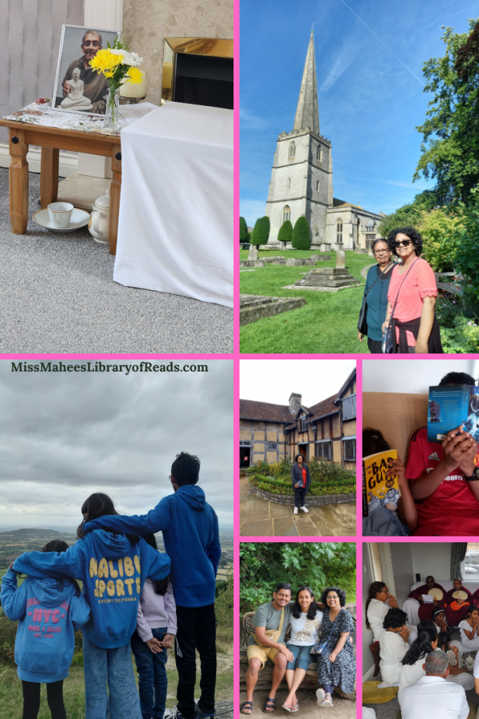 7-grid frame with photos. top left corner of flowers in front of dad's funeral photo. cup and dish under stool. top right author and mum in front of church with blue sky above. bottom left four kids looking at cloudy sky and countryside. four-smaller grid in bottom right. images of woman in front of house, kids reading books, three siblings in park and people in white with monks in orange.